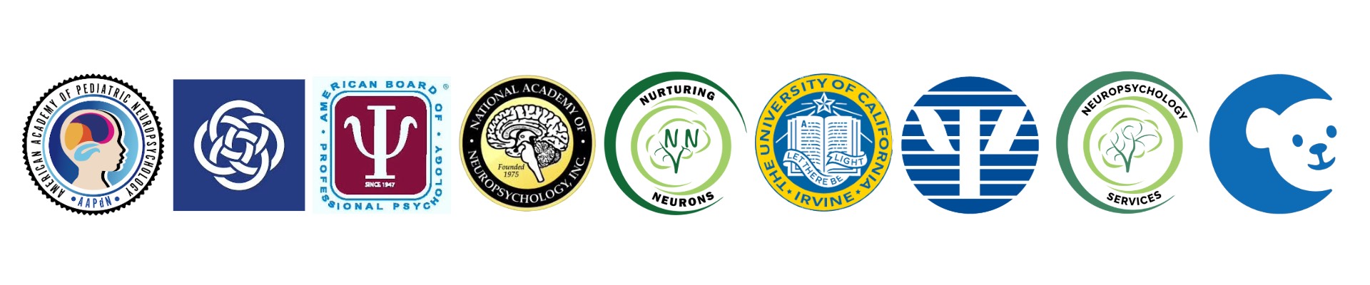Logos of Affiliated Organizations: The American Academy of Pediatric Neuropsychology, International Neuropsychological Society
    , American Board of Professional Psychology, National Academy of Neuropsychology INC., Nurturing Neurons, University of California Irvine, American Psychological Association
    ,  Neuropsychology Services, CHOC Children's Hosptial